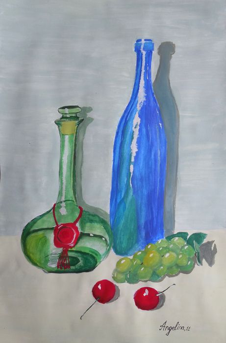 Art Studio PALETTE. Angelina Rudakova Picture.  Tempera Still Life Bottles 